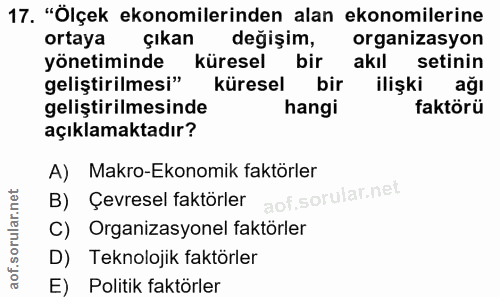 17. soru: "Ölçek ekonomilerinden alan ekonomilerine ortaya çıkan değişim, organizasyon yönetiminde küresel bir akıl setinin gel…