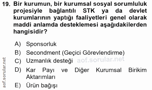 19. soru: Bir kurumun, bir kurumsal sosyal sorumluluk projesiyle bağlantılı STK ya da devlet kurumlarının yaptığı faaliyetleri…