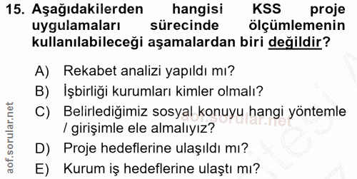 15. soru: Aşağıdakilerden hangisi KSS proje uygulamaları sürecinde ölçümlemenin kullanılabileceği aşamalardan biri değildir? A)…