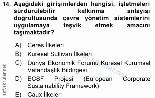 14. soru: Aşağıdaki girişimlerden hangisi, işletmeleri sürdürülebilir kalkınma anlayışı doğrultusunda çevre yönetim sistemlerin…