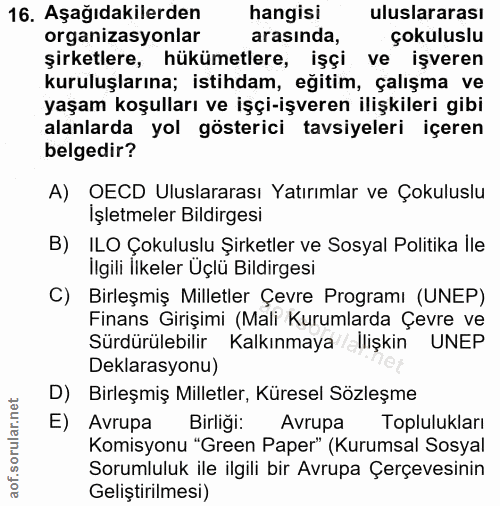 16. soru: Aşağıdakilerden hangisi uluslararası organizasyonlar arasında, çokuluslu şirketlere, hükümetlere, işçi ve işveren kur…