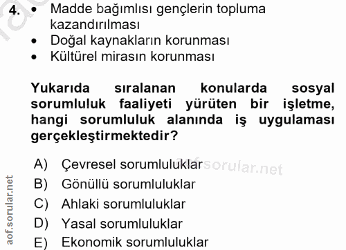 4. soru: • Madde bağımlısı gençlerin topluma kazandırılması • Doğal kaynakların korunması • Kultürel mirasın korunması Yukarıd…