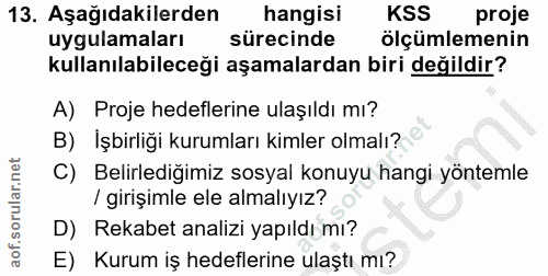 13. soru: Aşağıdakilerden hangisi KSS proje uygulamaları sürecinde ölçümlemenin kullanılabileceği aşamalardan biri değildir? A)…