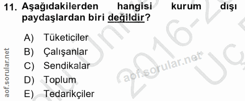 11. soru: Aşağıdakilerden hangisi kurum dışı paydaşlardan biri değildir? A) Tüketiciler Çalışanlar aof.sotular.net C) Sendikala…