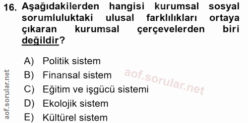 16. soru: Aşağıdakilerden hangisi kurumsal sosyal sorumluluktaki ulusal farklılıkları ortaya Çıkaran kurumsal çerçevelerden bir…