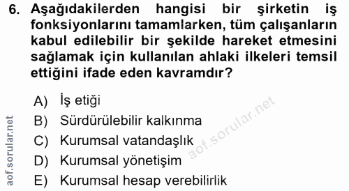 6. soru: Aşağıdakilerden hangisi bir şirketin iş fonksiyonlarını tamamlarken, tüm çalışanların kabul edilebilir bir şekilde ha…