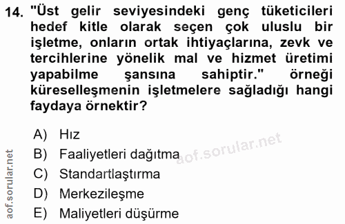 14. soru: "Ust gelir seviyesindeki genç tüketicileri hedef kitle olarak seçen çok uluslu bir işletme, onların ortak ihtiyaçları…
