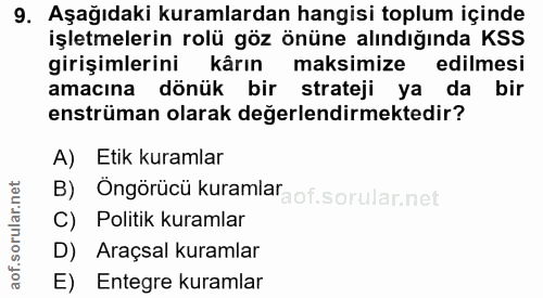 9. soru: Aşağıdaki kuramlardan hangisi toplum içinde işletmelerin rolü göz önüne alındığında KSS girişimlerini kârın maksimize…