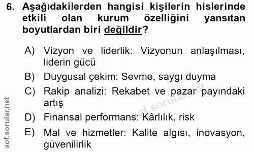 6. soru: Aşağıdakilerden hangisi kişilerin hislerinde etkili olan kurum özelliğini yansitan boyutlardan biri değildir? A) Vizy…