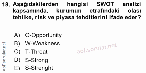 18. soru: Aşağıdakilerden hangisi SWOT analizi kapsamında, kurumun etrafındaki olası tehlike, risk ve piyasa tehditlerini ifade…