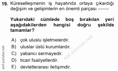 19. soru: Küreselleşmenin iş hayatında ortaya çıkardığı değişim ve gelişimlerin en önemli parçası -.- Yukarıdaki cümlede boş bı…