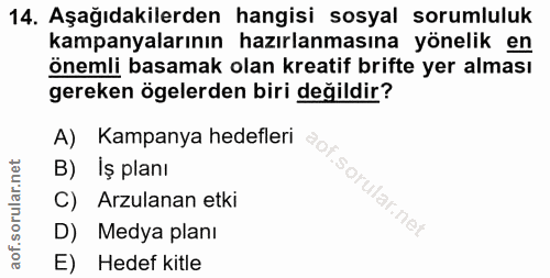 14. soru: Aşağıdakilerden hangisi sosyal sorumluluk kampanyalarının hazırlanmasına yönelik en önemli basamak olan kreatif brift…
