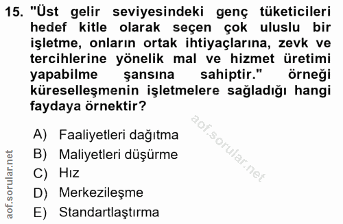 15. soru: "Üst gelir seviyesindeki genç tüketicileri hedef kitle olarak seçen çok uluslu bir işletme, onların ortak ihtiyaçları…