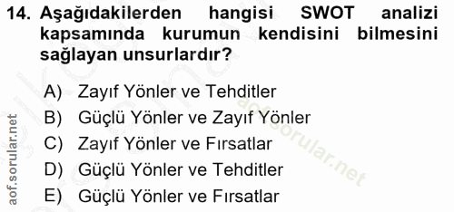 14. soru: Aşağıdakilerden hangisi SWOT analizi kapsamında kurumun kendisini bilmesini sağlayan unsurlardır? A) Zayıf Yönler ve…