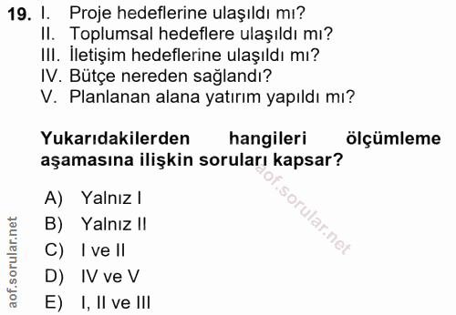 19. soru: I. Proje hedeflerine ulaşıldı mı? Il. Toplumsal hedeflere ulaşıldı mı? III. Iletişim hedeflerine ulaşıldı mı? IV. Büt…