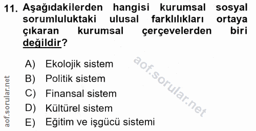 11. soru: Aşağıdakilerden hangisi kurumsal sosyal sorumluluktaki ulusal farklılıkları ortaya çıkaran kurumsal çerçevelerden bir…