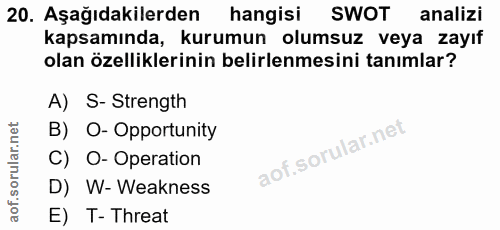 20. soru: Aşağıdakilerden hangisi SWOT analizi kapsamında, kurumun olumsuz veya zayıf olan özelliklerinin belirlenmesini tanıml…