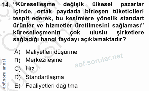 14. soru: "Küreselleşme değişik ülkesel pazarlar içinde, ortak paydada birleşen tüketicileri tespit ederek, bu kesimlere yöneli…