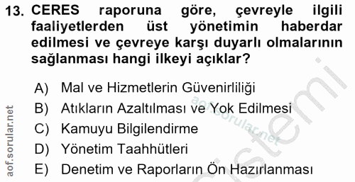 13. soru: CERES raporuna göre, cevreyle ilgili faaliyetlerden üst yönetimin haberdar edilmesi ve çevreye karşı duyarlı olmaları…