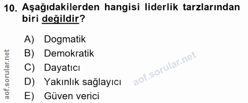 10. soru: Aşağıdakilerden hangisi liderlik tarzlarından biri değildir? A) Dogmatik B) Demokratik C) Dayatıcı D) Yakınlık sağlay…