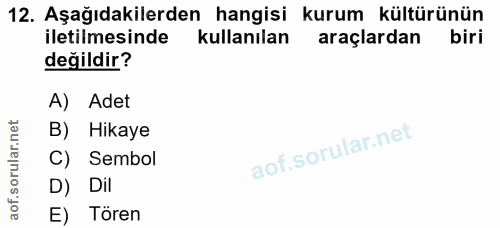 12. soru: Aşağıdakilerden hangisi kurum kültürünün iletilmesinde kullanılan araçlardan biri değildir? A) Adet B) Hikaye C) Semb…