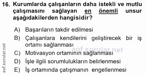 16. soru: Kurumlarda çalışanların daha istekli ve mutlu çalışmasını sağlayan en Önemli unsur aşağıdakilerden hangisidir? A) Baş…