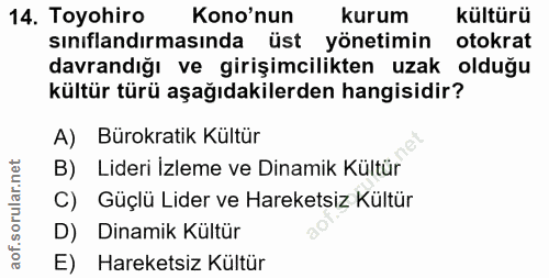 14. soru: Toyohiro Kono'nun kurum kültürü sınıflandırmasında üst yönetimin otokrat davrandığı ve girişimcilikten uzak olduğu kü…