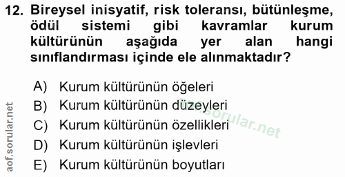 12. soru: Bireysel inisyatif, risk toleransı, bütünleşme, ödül sistemi gibi kavramlar kurum kültürünün aşağıda yer alan hangi s…