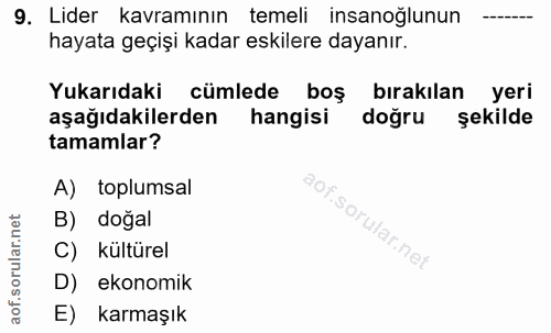 9. soru: Lider kavramının temeli insanoğlunun hayata geçişi kadar eskilere dayanır. Yukarıdaki cümlede boş bırakılan yeri aşağ…