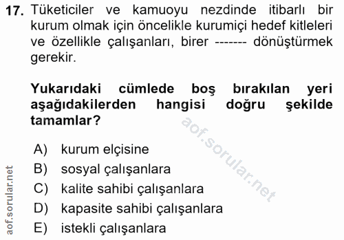 17. soru: Tüketiciler ve kamuoyu ezdinde itibarlı bir kurum olmak için öncelikle kurumiçi hedef kitleleri ve özellikle çalışanl…