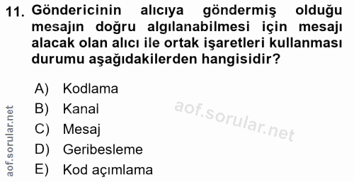 11. soru: Göndericinin alıcıya göndermiş olduğu mesajın doğru algılanabilmesi için mesajı alacak olan alıcı ile ortak işaretler…