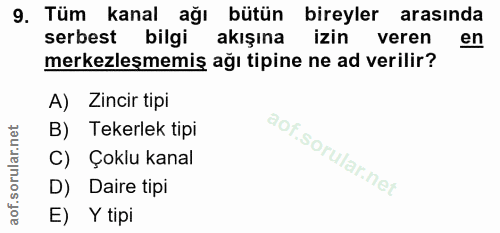 9. soru: Tüm kanal ağı bütün bireyler arasında serbest bilgi akışına izin veren en merkezlesmemiş ağı tipine ne ad verilir? A)…