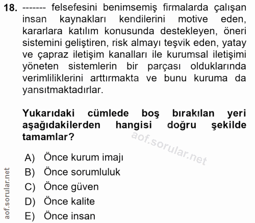 18. soru: ---- felsefesini benimsemiş firmalarda çalışan insan kaynakları kendilerini motive eden, kararlara katılım konusunda…