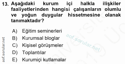 13. soru: Aşağıdaki kurum içi halkla ilişkiler faaliyetlerinden hangisi çalışanların olumlu ve yoğun duygular hissetmesine olan…