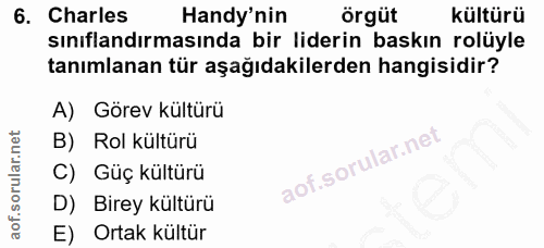 6. soru: Charles Handy'nin örgüt kültürü sınıflandırmasında bir liderin baskın rolüyle tanımlanan tür aşağıdakilerden hangisid…