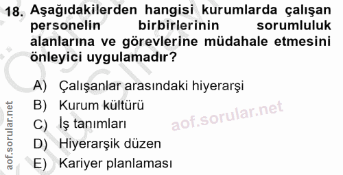 18. soru: Aşağıdakilerden hangisi kurumlarda çalışan personelin birbirlerinin sorumluluk alanlarına ve görevlerine müdahale etm…