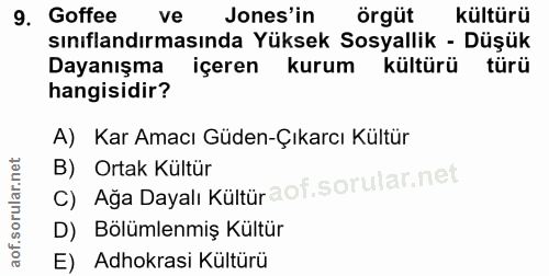 9. soru: Goffee ve Jones'in örgüt kültürü sınıflandırmasında Yüksek Sosyallik - Düşük Dayanışma içeren kurum kültürü türü hang…