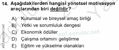 14. soru: Aşağıdakilerden hangisi yönetsel motivasyon araçlarından biri değildir? A) Kurumsal ve bireysel amaç birliği B) Yetki…