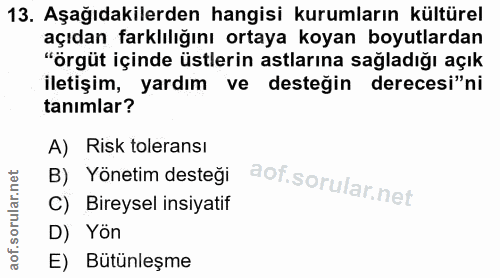 13. soru: Aşağıdakilerden hangisi kurumların kültürel açıdan farklılığını ortaya koyan boyutlardan "örgüt içinde üstlerin astla…