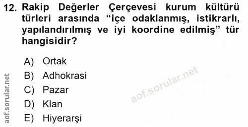 12. soru: Rakip Değerler Çerçevesi kurum kültürü türleri arasında "içe odaklanmış, istikrarlı, yapılandırılmış ve iyi koordine…