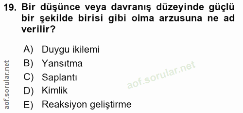 19. soru: Bir düşünce veya davranış düzeyinde güçlü bir şekilde birisi gibi olma arzusuna ne ad verilir? A) Duygu ikilemi B) Ya…
