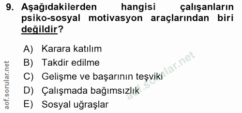 9. soru: Aşağıdakilerden hangisi çalışanların psiko-sosyal motivasyon araçlarından biri değildir? A) Karara katılım c) Gelişme…