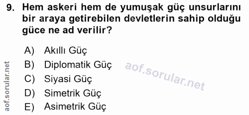 9. soru: Hem askeri hem de yumuşak güç unsurlarını bir araya getirebilen devletlerin sahip olduğu güce ne ad verilir? A) Akıll…
