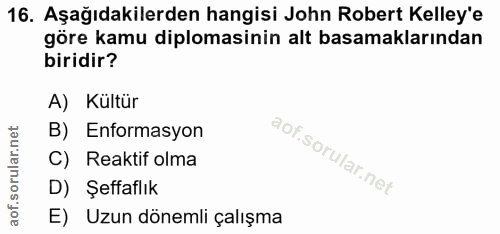 16. soru: Aşağıdakilerden hangisi John Robert Kelley'e göre kamu diplomasinin alt basamaklarından biridir? A) Kültür B) Enforma…