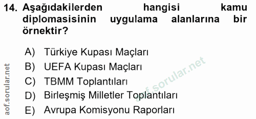14. soru: Aşağıdakilerden hangisi kamu diplomasisinin uygulama alanlarına bir örnektir? A) Türkiye Kupası Maçları B) UEFA Kupas…
