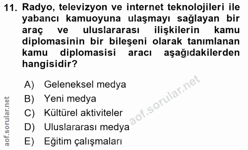 11. soru: Radyo, televizyon ve internet teknolojileri ile yabancı kamuoyuna ulaşmayı sağlayan bir araç ve uluslararası ilişkile…