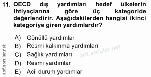 11. soru: OECD diş yardımları hedef ülkelerin ihtiyaçlarına göre üç kategoride değerlendirir. Aşağıdakilerden hangisi ikinci ka…