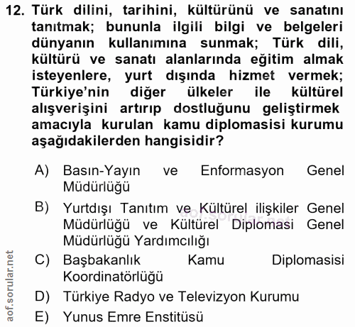 12. soru: Türk dilini, tarihini, kültürünü ve sanatını tanıtmak; bununla ilgili bilgi ve belgeleri dünyanın kullanımına sunmak;…