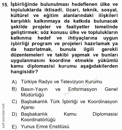 15. soru: İşbirliğinde bulunulması hedeflenen ülke ve topluluklarda iktisadi, ticari, teknik, sosyal, kültürel ve eğitim alanla…