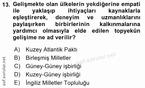13. soru: Gelişmekte olan ülkelerin yekdiğerine empati yaklaşıp ihtiyaçları kaynaklarla eşleştirerek, deneyim ve uzmanlıklarını…